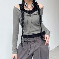 Polyester Women Long Sleeve T-shirt & fake two piece patchwork gray PC