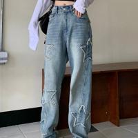 Cotton Women Jeans & loose patchwork star pattern blue PC