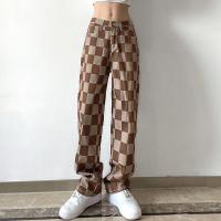 Cotton Women Jeans slimming printed plaid brown PC