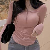 綿 女性ロングスリーブTシャツ パッチワーク 単色 ピンク 一つ