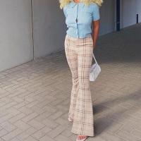 Polyester bell-bottom Women Long Trousers printed plaid Apricot PC