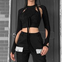 Cotton Slim Women Long Sleeve T-shirt & fake two piece Solid black PC
