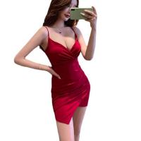 Cotton Slim Sexy Package Hip Dresses deep V Solid PC