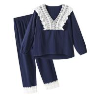 Polyester Women Pajama Set & two piece top & bottom navy blue Set