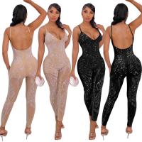 Polyester Slim Long Jumpsuit see through look & backless & with rhinestone PC