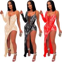 Polyester Slim Sexy Package Hip Dresses see through look & side slit iron-on PC