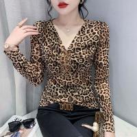 Polyester Slim & Plus Size Women Long Sleeve T-shirt printed leopard PC