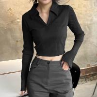 Polyester Slim Women Long Sleeve T-shirt knitted Solid black PC