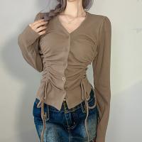 Cotton Drawstring Design & Slim Women Long Sleeve T-shirt patchwork Solid khaki PC