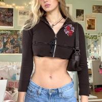 Polyester Crop Top Women Sweatshirts embroidered brown PC