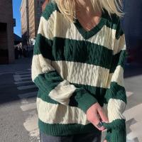 Polyester Women Sweater & loose knitted striped green PC