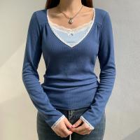 Polyester Frauen Langarm T-shirt, Patchwork, Blau,  Stück