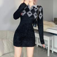 Polyester Slim Sexy Package Hip Dresses knitted black PC