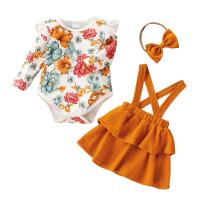Cotton Slim Girl Clothes Set & three piece Crawling Baby Suit & Hair Band & suspender skirt printed Set