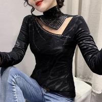 Polyester Slim & Plus Size Women Long Sleeve T-shirt & hollow & with rhinestone PC