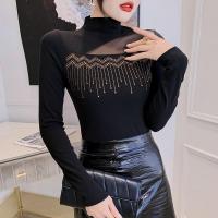 Cotton Slim & Plus Size Women Long Sleeve Blouses & with rhinestone black PC