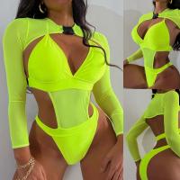 Polyester Bikini & three piece Solid fluorescent green Set
