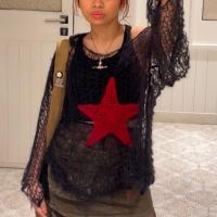 Acrylic Acid Women Long Sleeve Blouses & loose knitted star pattern black PC