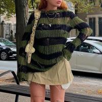 Caddice Women Long Sleeve Blouses & loose knitted striped green PC