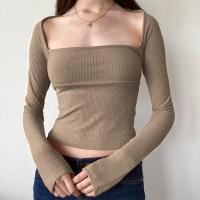 Polyester Slim Women Long Sleeve T-shirt knitted Solid khaki PC