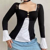Cotton Slim Women Long Sleeve T-shirt patchwork black PC