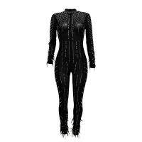 Spandex & Polyester Long Jumpsuit pencil pant & with rhinestone striped PC