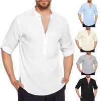 Cotton Linen Men Long Sleeve Casual Shirts plain dyed Solid PC