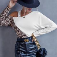 Polyester Frauen Langarm T-shirt, Patchwork, Leopard, Weiß,  Stück