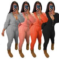 Polyester Women Casual Set & two piece Long Trousers & top knitted Solid Set