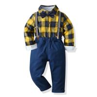 Polyester & Cotton Boy Clothing Set & two piece suspender pant & top plaid Set