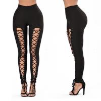 Polyester High Waist Women Leggings & skinny & hollow Solid black PC