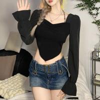 Polyester Slim Women Long Sleeve Blouses patchwork Solid black PC