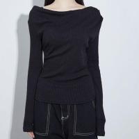 Polyester Slim Boat Neck Top knitted Solid black PC