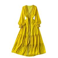 Polyester Waist-controlled One-piece Dress large hem design & slimming & deep V Solid : PC