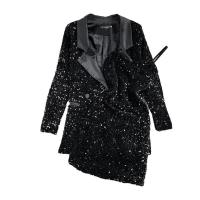 Sequin & Polyester Women Casual Set & two piece Slip Dress & coat Solid black Set