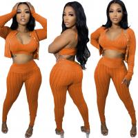 Polyester Women Casual Set & three piece Long Trousers & tank top & top patchwork Solid orange Set