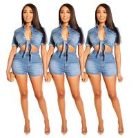 Polyester Women Casual Set flexible & two piece short & top washed Solid blue Set