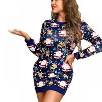 Polyester High Waist Sexy Package Hip Dresses christmas design printed deep blue PC