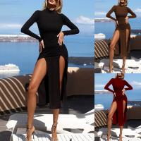 Polyester Slim & High Waist One-piece Dress mid-long style & side slit Solid PC