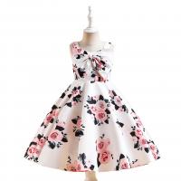 Polyester & Cotton Princess Girl One-piece Dress with bowknot Polyester printed floral white PC