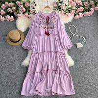 Cotton Waist-controlled & A-line One-piece Dress mid-long style Polyester embroidered : PC