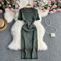 Acetate Fiber Waist-controlled & High Waist Sexy Package Hip Dresses slimming knitted striped green : PC