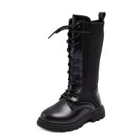 Microfiber PU Synthetic Leather & Rubber front drawstring Children Boots & breathable Solid black Pair
