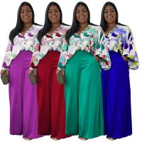 Polyester Wide Leg Trousers & Plus Size Women Casual Set & two piece & loose Spandex Long Trousers & top printed Plant Set