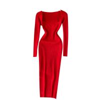 Polyester Sheath & High Waist One-piece Dress mid-long style & flexible Solid : PC