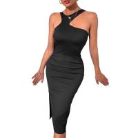 Rayon Slim & High Waist Sexy Package Hip Dresses mid-long style & side slit Polyester patchwork Solid black PC