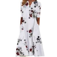 Polyester long style & A-line One-piece Dress deep V & loose printed Plant PC