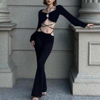 Polyester Women Casual Set & two piece Long Trousers & long sleeve blouses patchwork Solid black Set