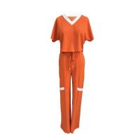 Polyester Women Casual Set & two piece Long Trousers & short sleeve T-shirts plain dyed Set