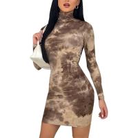 Polyester High Waist & Step Skirt Sexy Package Hip Dresses Spandex printed brown PC